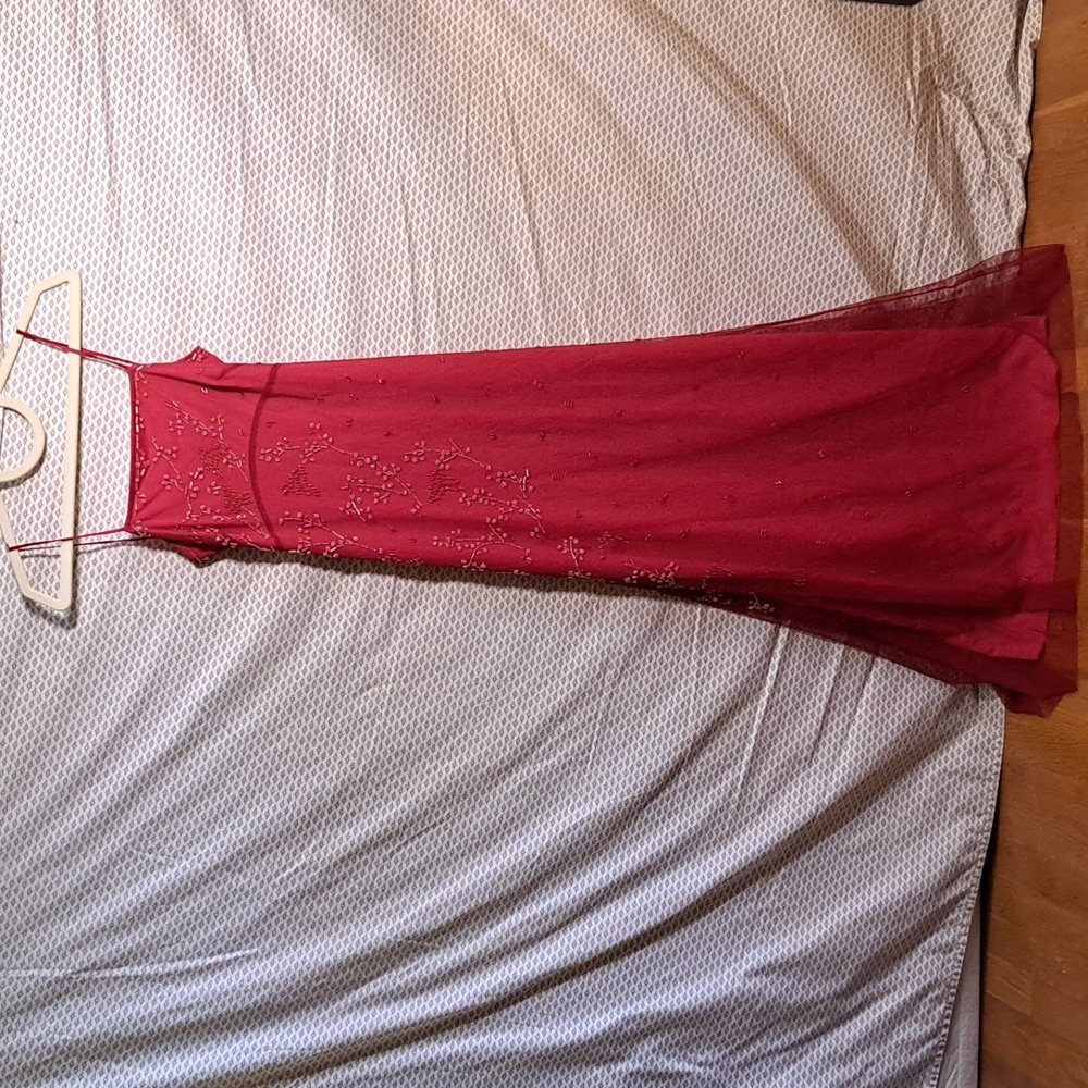 BCBG Max Azria Long Red Dress with Beads and Spaghetti Straps Size 0